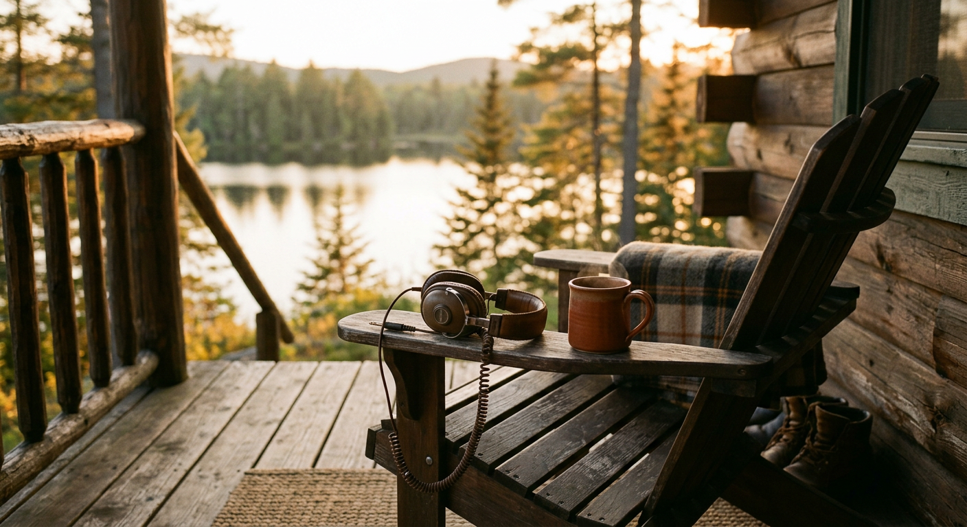 A rocking chair and headphones on a sunny cabin porch