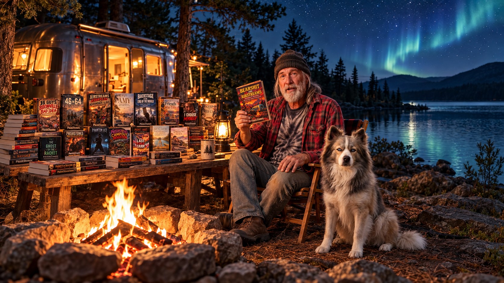 A storyteller by the campfire with a table of PhishStones books, an Airstream, a husky, and northern lights over an Adirondack lake