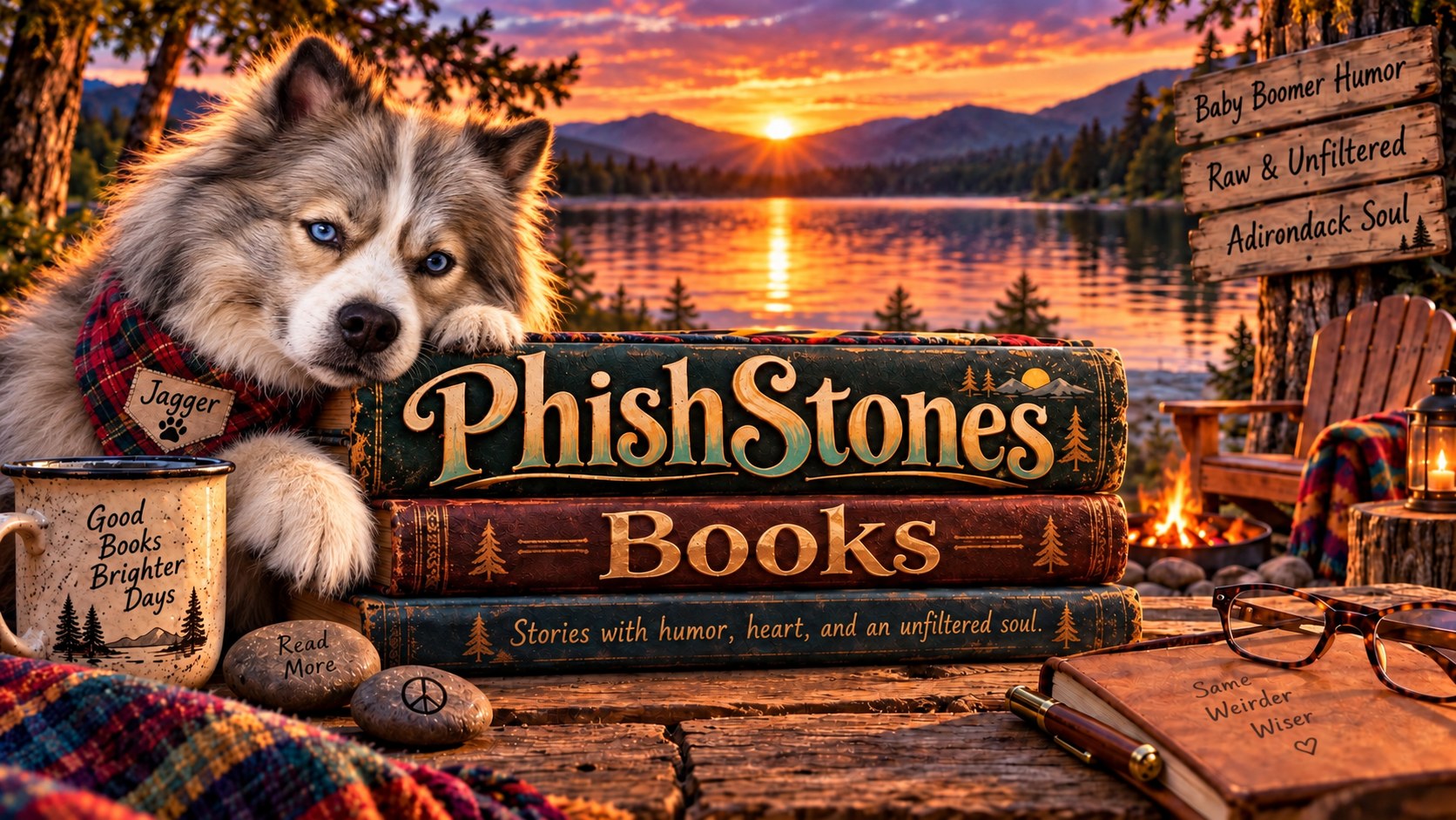 Jagger resting on a stack of PhishStones books by an Adirondack lake at sunset