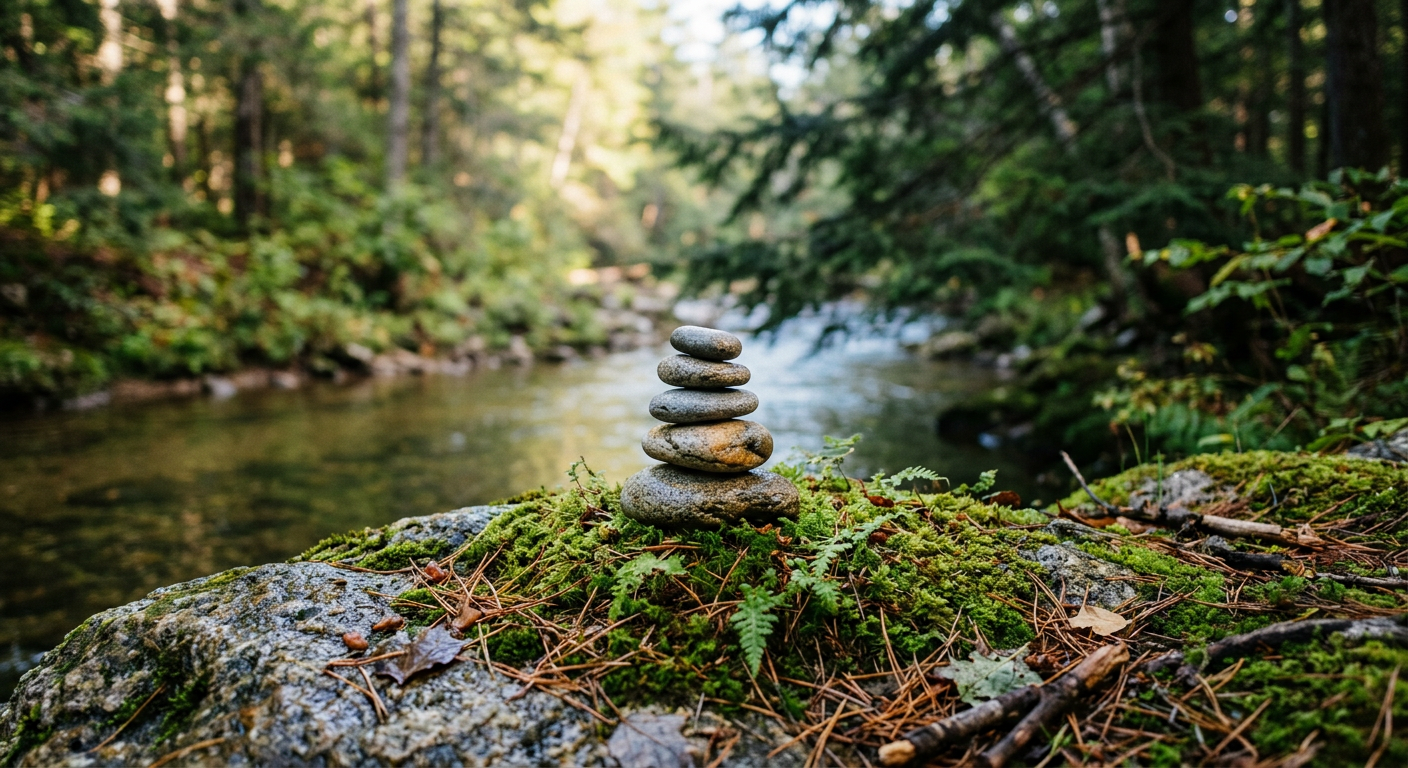 Smooth stones stacked into a cairn beside a calm lake